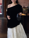 Black Iris Word Embroidered Shoulder Short Sleeve T-Shirt Korean Velvet Top Female Design Temperament