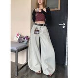 6008 Gray-White Retro Single-Dlong Jeans Women Loose Wide Legs Long Pants