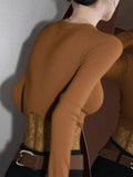 Design Lace Splicing With Long-Sleeved T-Shirt Top Autumn And Winter Unique Hot Girl Curry V Collar Shoulder-Bottomed Shirt Woman