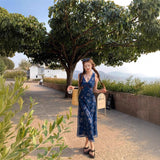 Holiday Style V-Neck Print Sling Dress Femininity Femininity With Thin Waist A Word Retro Dress New Summer