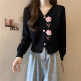 Thick And Gentle Little Fragrant Style Short Knitted Cardigan Sweater Autumn New Sweet Three-Dimensional Flowers Pink Clothes