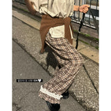 Korean Version Of Autumn And Winter Grinding Lattice Lace Lace Cute Retro Broad Leg Trousers Trousers Loose Waist Slacks