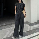 Extremely Simple Style Loose Fashion Suit 2026 Summer New Leisure Belt Shawl Short Sleeves Wide Leg Pants Three-Piece Set