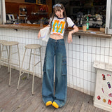 Vintage Blue Water Wash Trousers Jeans Women's New Retro High-Waist Straight Broad Leg Pants