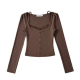 Pure Hot Girl Sexy Short Shirt Early Autumn Fake Two Lace Long-Sleeved T-Shirt Inside The Gray Bottom Shirt New