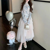 Ballet In The Mirror Heavy Industry Flower Embroidery Sweater Set High-Schamed Fish Bone Soft Yarn Skirt