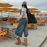 Vintage Water Wash Side Design Wide Legs Denim Seven-Crelei Trousers Casual Niche Design Straight Pants
