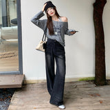 Black-Gray Denim Straight Pants Women's 2026 Summer New Design Retro Broad Legged Trousers