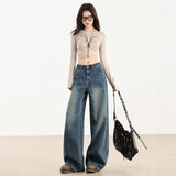 Dark Blue High-Quality Fireworks Pattern White Design Wide-Legged Jeans Women's New 25 Years