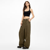 Army Green Broad-Legged Jeans Women's Loose Summer Retro Splicing Design Old Dad Drag Trousers