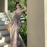 Purple Jade Pure Desire Net Yarn Flowers Hanging Dress Women Summer Super Fairy Seaside Holiday Dress
