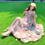 2026 Premium Purple Smoke Loo French Temperament Vacation Fish Line Fragile Chiffon Cake Dress Short Sleeve Suspension Dress