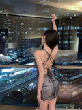 Pure Windy Shiny Hanging Neck Dress Women's New Summer Design Feel Back Strap Strapped Ass Short Skirt