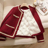 Red New Coat Down Cotton Fragrant Style French Design Fashion Temperament Long-Sleeved Top Coat Women's Clothing