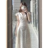 French Gentle Style Long Dress Temperament V Collar Short Sleeves Broken Flower Dress 2025 Summer Waist Apparent White Dress