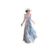 2025 Blue Butterfly Sling Skirt Women's Summer Design Dress Net Yarn Feeling Waist Fishtail Skirt Dress