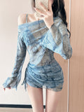 Cowboy Print Mesh Set Of Women's Bare Shoulder Shoulder Long-Sleeved Blouse Drawstring Short Skirt Twitching Three Sets