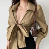 2025 New Sexy Cross V-Necked Lantern Sleeve Shirt For Women's Spring High-Waisted Short Top