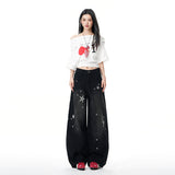 Vintage Scissors Jeans Female Star Print Pants Loose Straight Water Wash Old Broad Leg Pants