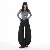 Vintage Wide-Legged Denim Slacks Autumn New Loose-Hanging Scimits Straight Trousers Pure Black
