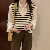 Early Autumn Knitted Vest Women Spring And Autumn New Gentle Lazy Wind V-Neck Striped Knitted Vest Sweater