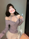 One-Word Shoulder Lace Hanging Neck Long-Sleeved T-Shirt Girl Autumn Kinesi Design Purple Short Bottom Shirt Top