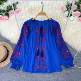 Spring And Autumn Vintage National Style Art Embroidery Round Collar Loose Thin Tsetse Cotton Shirt Women's Casual Top