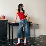 25SS New Retro Water Wash To Old Texture High-Rise Loose Legs Seven-Point Jeans