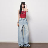 Blue Straight-Tight Texture High-Rise Broad-Legged Jeans Women 2026 Spring New Non-Legged Texture Mop Cotton