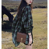 Vintage British Style Green Plaid Shirt Coat Women's Spring And Autumn Leisure Free And Loose Long Folding Shirt