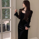 Early Autumn Black Gold Velvet Dress 2025 New Women's Spring And Autumn Feeling To Wear A Long Dress