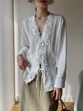 2026 Spring And Summer French V-Neck Lace Lace Hook Blace Sleed Sleep Shirt Women's Relaxed Comfort Premium Sense