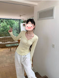 Vintage V-Neck Long-Sleeved T-Shirt 24 Autumn New Elastic Slimmed Shoulder Milk Yellow Blouse In Tide