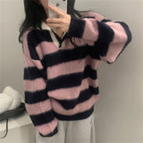 South Korea Chic Autumn And Winter New Lazy Wind Hit The Striped Polo Collar Cover Plush Knitted Sweater 4 Colors
