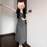 Round Collar Folded Waist Dress Women's Summer 2026 New Gray Small French A-Word Long Dress