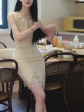 [Elegance Time] Silk Wool Water-Soluble Lace Denim Dress Sleeveless Bag Hips