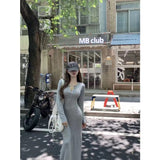 Korean Version Of Yellow Long-Sleeved Knitted Dress Women's Autumn Slime Temperamental Ass Dress Body To The Waist Long Skirt