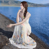 New Chinese Seaside Holiday Pure Sexy Smeared Breasts With Dressing Temperament Beautiful Flowers Long Skirts Women Summer