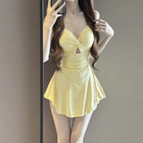 Milk Yellow Kinky Dress-Style Swimsuit Women V Collar Hollow Meat Cover Thin Hot Springs Swimsuit