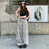 2026 Spring Dress New Casual Pants Wide Leg Trousers Leopard Straight Trousers Women's Jeans Light Gray Leopard Trousers