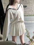 Confession Balloon College Soft-Skinny Knitted Knitted Set Cream Blouse Lanky Skirt Lanky