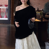 Black Iris Word Embroidered Shoulder Short Sleeve T-Shirt Korean Velvet Top Female Design Temperament