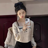 Pure Wind Design With Bow Slings Knitted Shirts Two Sets Of Women's Spring New Small Clothes On The Tide