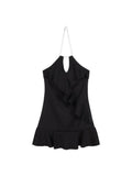 Delawed Neck Chain Lotus Leaf-Side Skirt Girl Summer Hottie Sexy Little Black Retro Romantic Dress