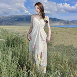 New Chinese Seaside Holiday Pure Sexy Smeared Breasts With Dressing Temperament Beautiful Flowers Long Skirts Women Summer