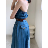 Korean Chic French High-Grade High-Rise Thin Casual Grinding Neck Buckle Sexy Denim Dress