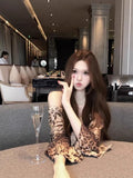Korean Fashion Spring And Autumn Sexy Wild Cat Word Oblique Shoulder Leopard Horn Sleeve Shirt Short Long-Sleeved Top