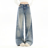 Spring And Summer New Heavy Industry High Street Lazy Fashion Wide-Legged Jeans Loose Straight Pants Woman