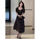 Smashed Floral Dress Woman 2025 Summer New French Bubble Sleeve Large Black Open Fork To Collect The Waist Thin Long Skirt