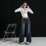 Micro-Rare Deep Blue Low-Rise Jeans Women Spring And Autumn Retro New Leisure Pants Deep Blue Trousers Cyanidbuting
